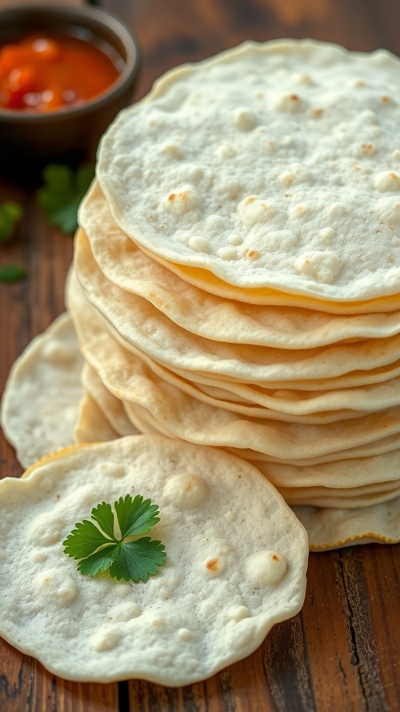 Freshly made white corn tortillas stacked on a wooden table with salsa and cilantro.